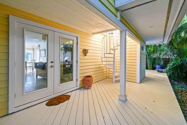 wooden terrace featuring french doors