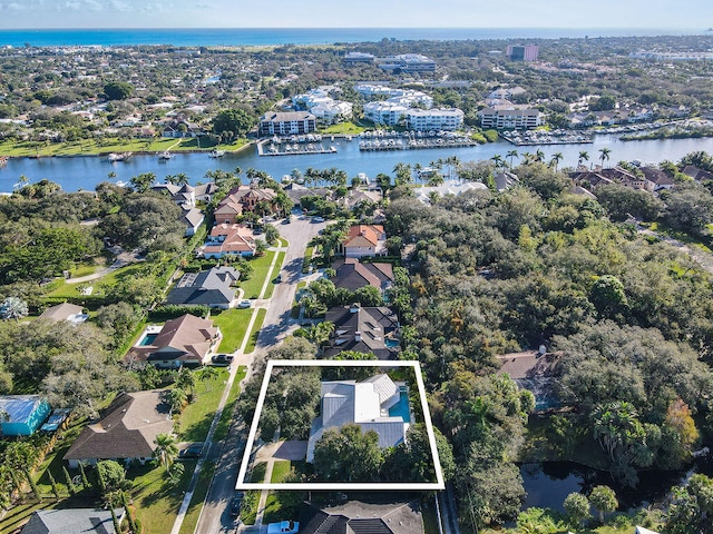 aerial view featuring a water view