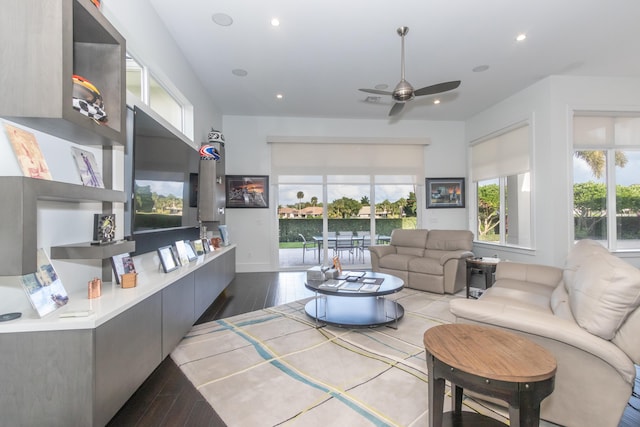 living room with ceiling fan and wood-type flooring