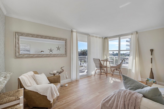 living area featuring ornamental molding and light hardwood / wood-style floors