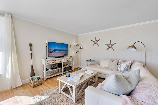 living room featuring crown molding and hardwood / wood-style flooring