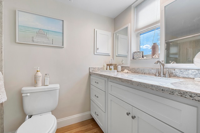 bathroom featuring vanity, toilet, wood-type flooring, and walk in shower