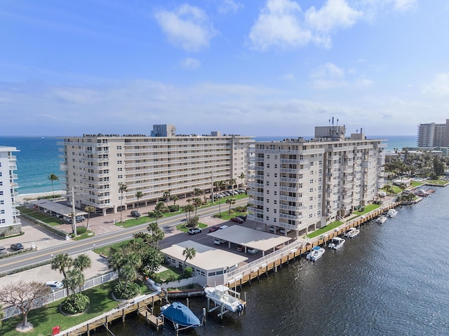 drone / aerial view featuring a water view