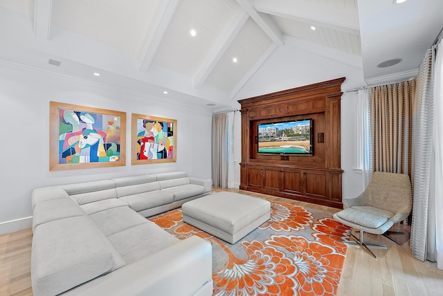 living room featuring beam ceiling, high vaulted ceiling, and light hardwood / wood-style flooring