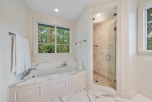 bathroom with independent shower and bath and ornamental molding