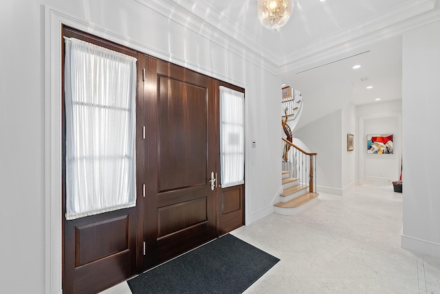 218 Seabreeze Ave, Palm Beach, FL 33480 - entrance foyer featuring stairway, crown molding, baseboards, light tile patterned floors, and recessed lighting