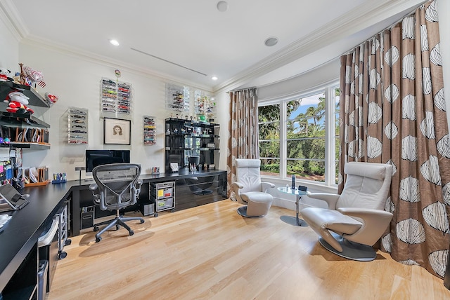 office area featuring crown molding and hardwood / wood-style flooring