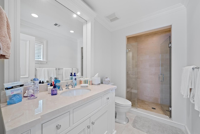 bathroom featuring vanity, crown molding, a shower with shower door, and toilet