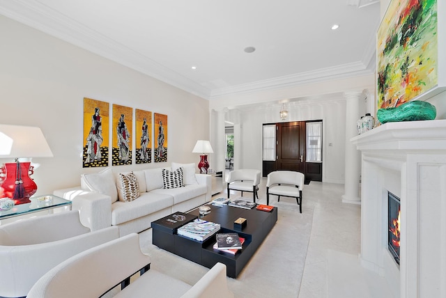 tiled living room featuring ornamental molding