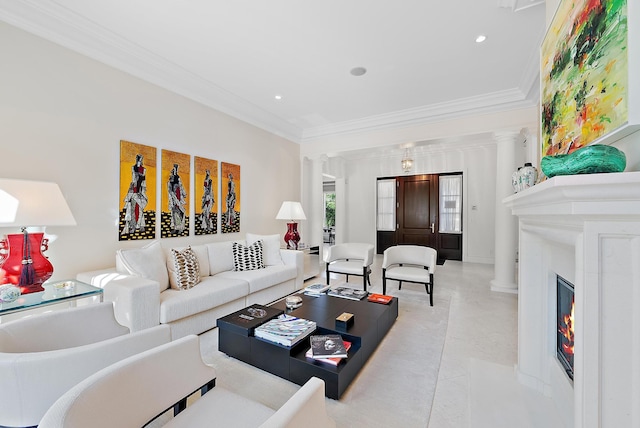 218 Seabreeze Ave, Palm Beach, FL 33480 - living room with crown molding, ornate columns, recessed lighting, and a glass covered fireplace