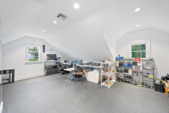 218 Seabreeze Ave, Palm Beach, FL 33480 - additional living space with vaulted ceiling, recessed lighting, a desk, and rubber floors