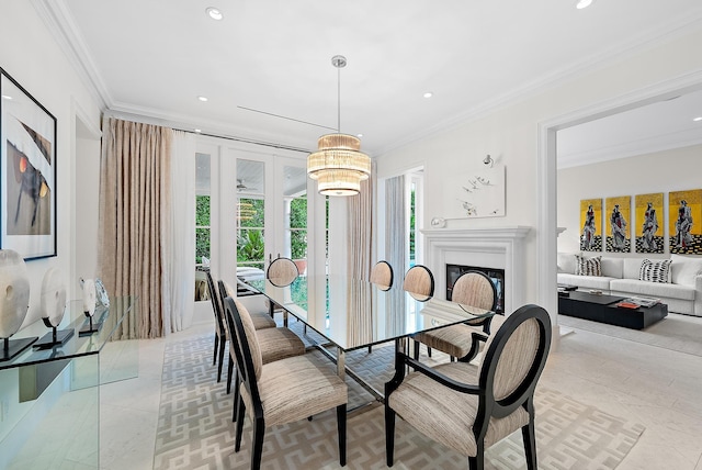 218 Seabreeze Ave, Palm Beach, FL 33480 - dining space with crown molding, recessed lighting, french doors, a fireplace, and light tile patterned floors