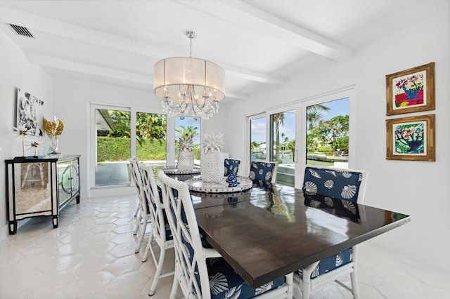 dining area featuring beamed ceiling, an inviting chandelier, and plenty of natural light