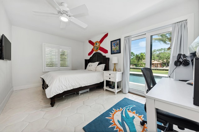 bedroom featuring ceiling fan, access to outside, and multiple windows