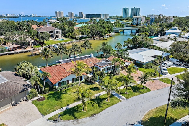 bird's eye view with a water view