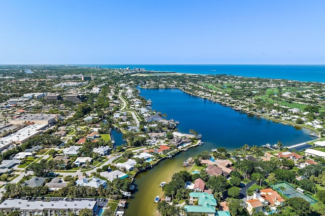 bird's eye view with a water view