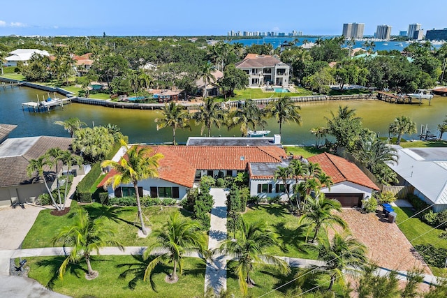 bird's eye view with a water view