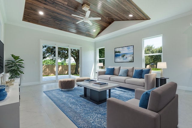 living room featuring ornamental molding, ceiling fan, high vaulted ceiling, and wooden ceiling