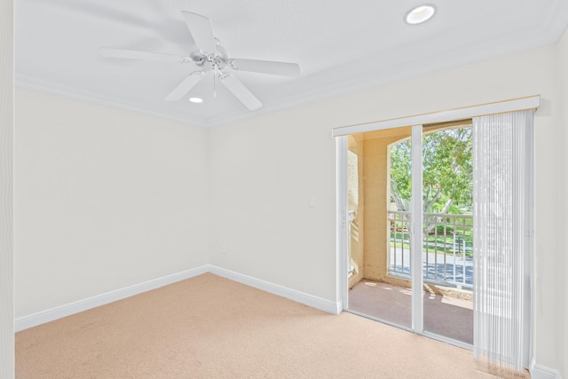 empty room featuring ceiling fan, carpet floors, and crown molding