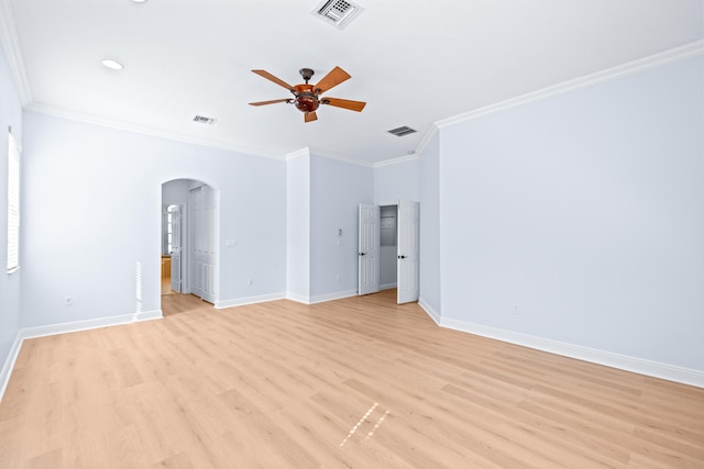 unfurnished room with crown molding, ceiling fan, and light wood-type flooring