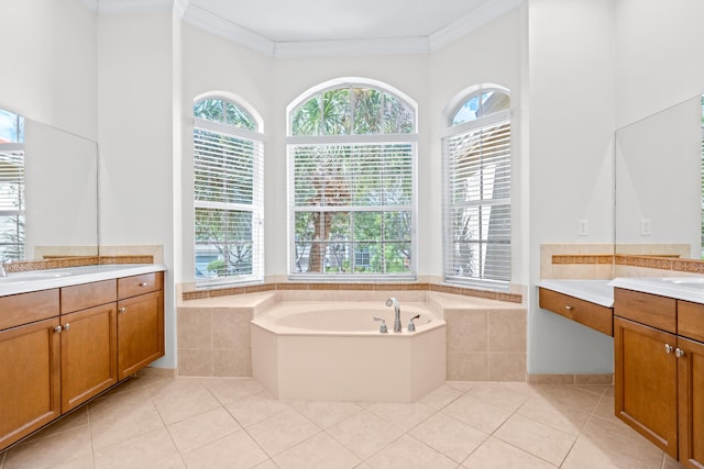 bathroom featuring crown molding, tile patterned flooring, and vanity