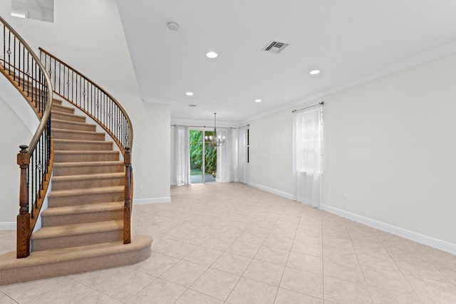 interior space with crown molding, light tile patterned floors, and an inviting chandelier