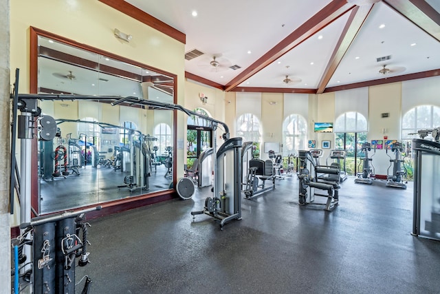 exercise room with a high ceiling, a wealth of natural light, and ceiling fan