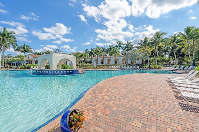 view of pool featuring a gazebo and a patio