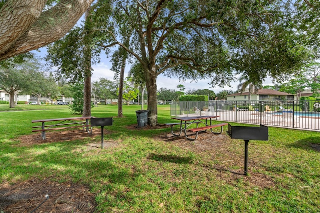 view of community with a yard and a swimming pool