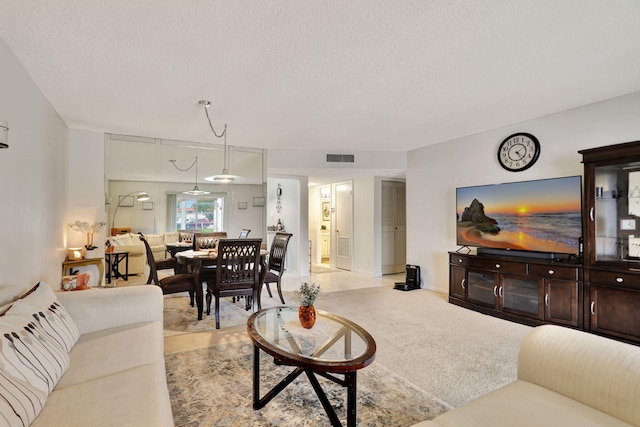 carpeted living room with a textured ceiling