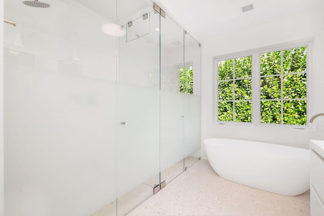 bathroom featuring vanity and separate shower and tub