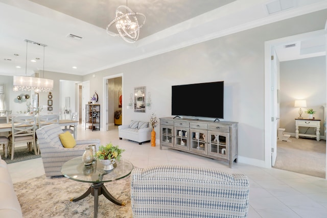 living room featuring a chandelier, light tile patterned flooring, and crown molding