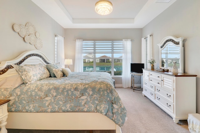 carpeted bedroom with multiple windows and a raised ceiling