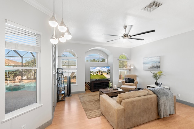 living room featuring ornamental molding, light hardwood / wood-style flooring, and plenty of natural light