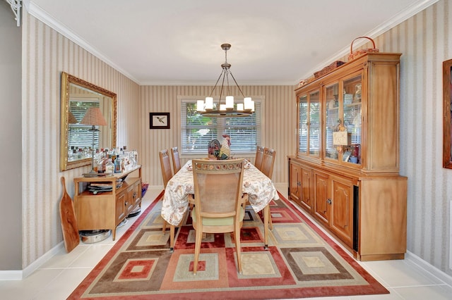 dining area featuring crown molding, light tile patterned floors, and a notable chandelier