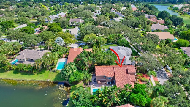 aerial view featuring a water view