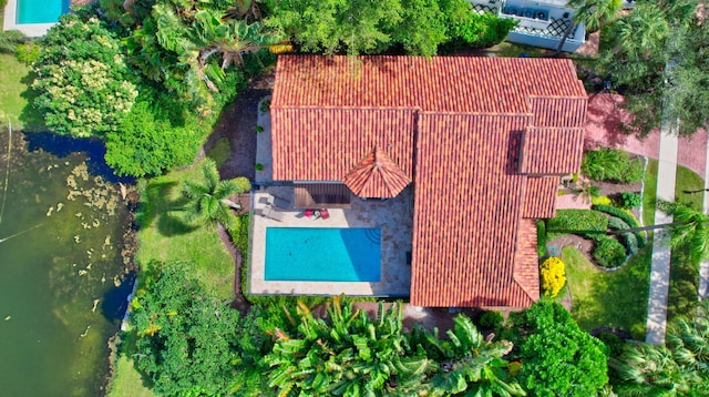 aerial view featuring a water view