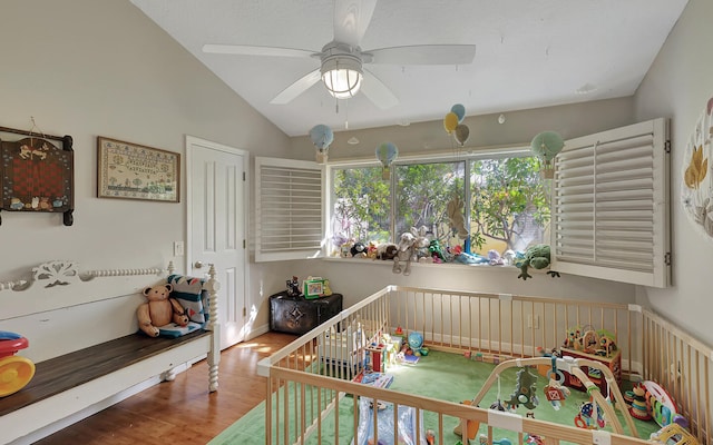 interior space featuring lofted ceiling, hardwood / wood-style flooring, and ceiling fan