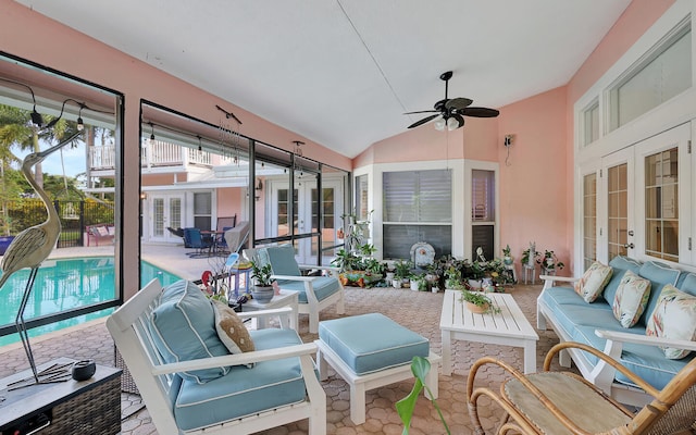 view of patio / terrace with french doors, outdoor lounge area, a balcony, and ceiling fan