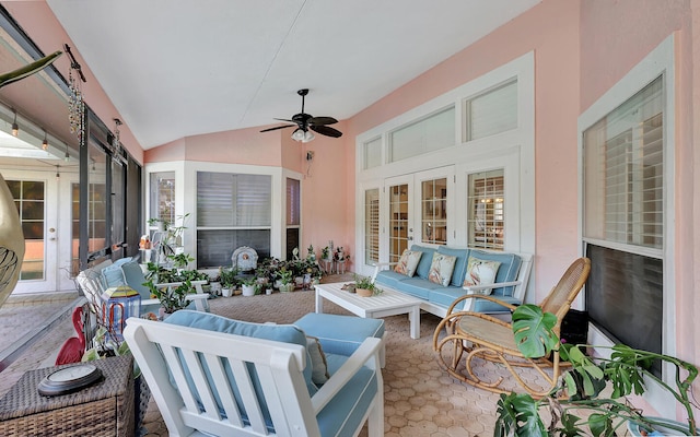 view of patio featuring french doors, ceiling fan, and an outdoor hangout area