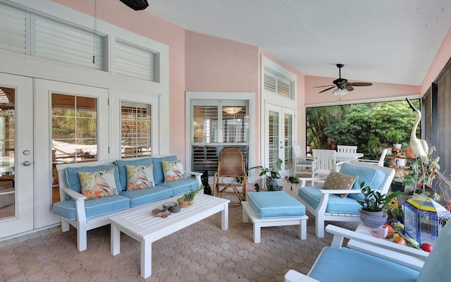 exterior space featuring french doors, an outdoor living space, and ceiling fan