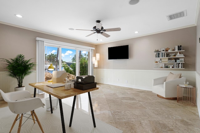 office area featuring ornamental molding and ceiling fan