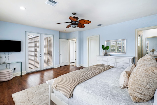 bedroom with dark wood-type flooring, access to outside, and ceiling fan