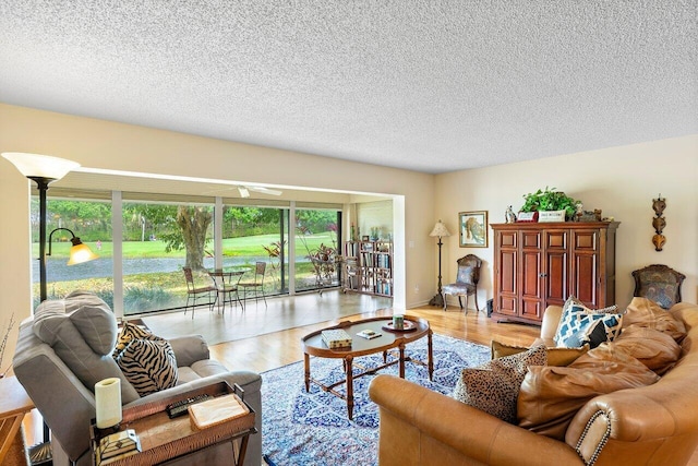 living room with light hardwood / wood-style flooring and a textured ceiling