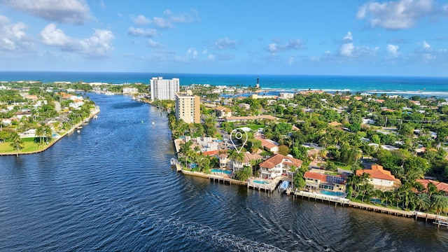 bird's eye view with a water view