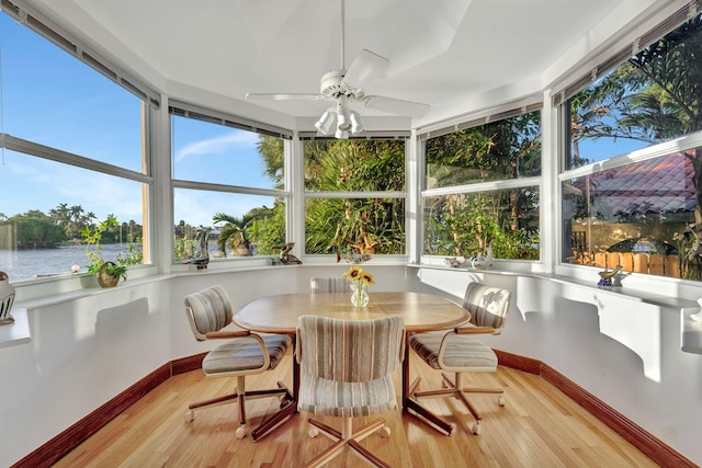 sunroom / solarium featuring ceiling fan and a water view