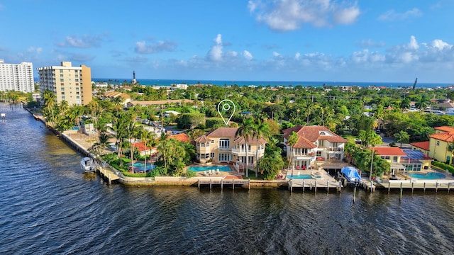 aerial view featuring a water view