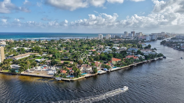 aerial view featuring a water view