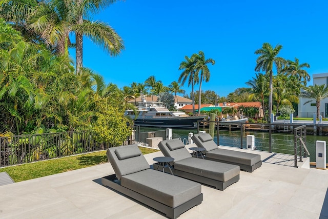 view of patio / terrace featuring a water view