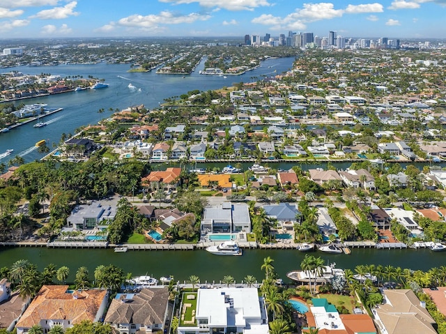 bird's eye view with a water view